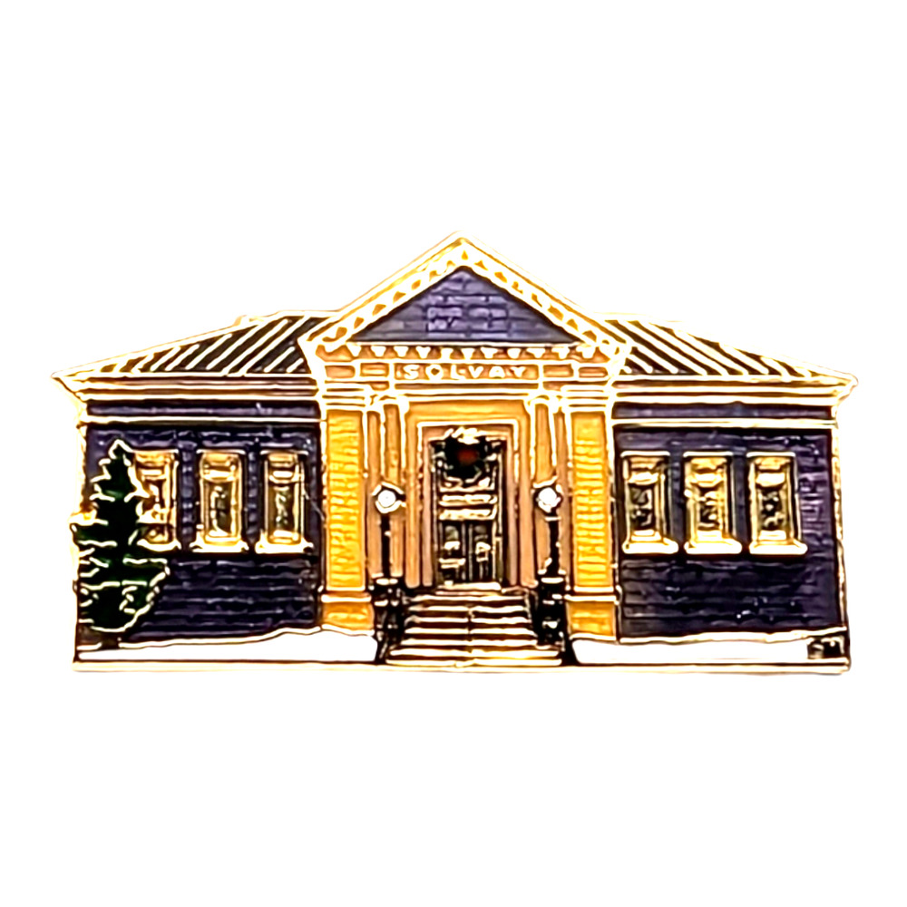 Solvay New York Christmas Holiday Purple House Gold Tone Hat Lapel Pin Brooch